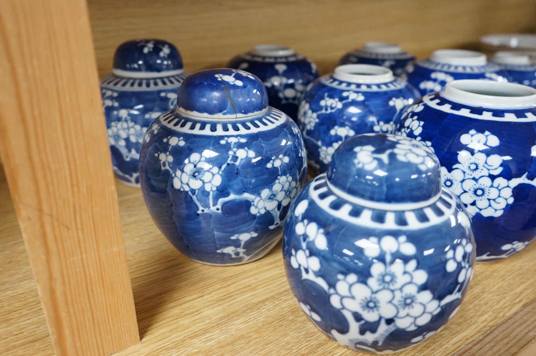Eleven Chinese blue and white prunus jars and two covers, late 19th/20th century, tallest jar and cover 15cm high.